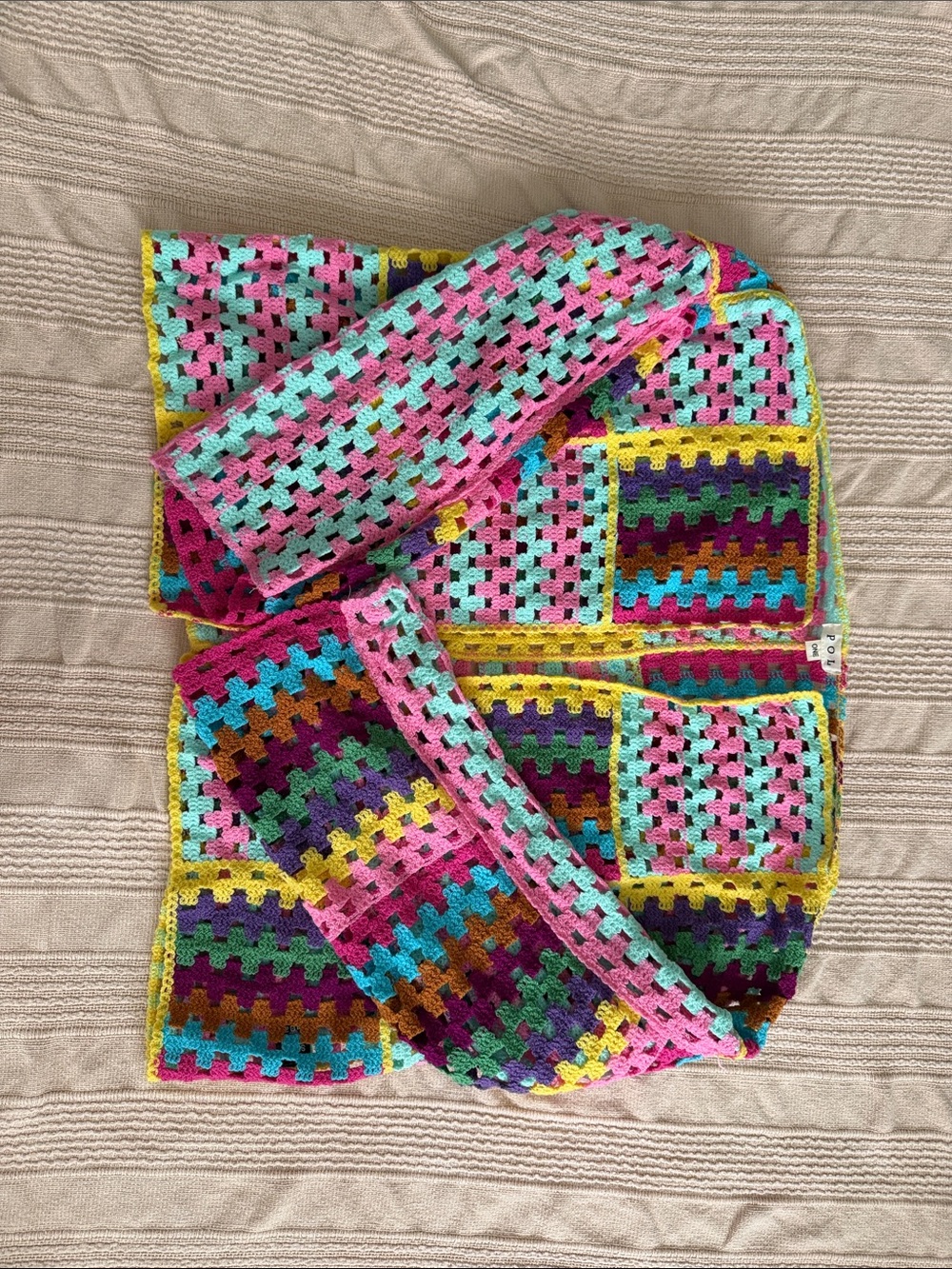 POL Multicolor Crochet Patchwork Cardigan with Pink, Teal, Yellow, Purple, Brown